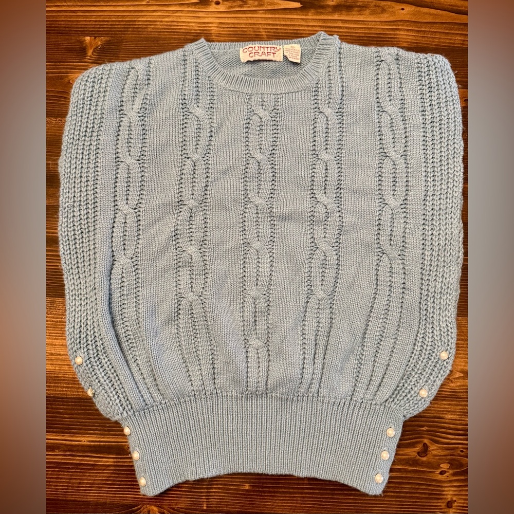 Vintage 80’s Robin Egg‎ Blue Cable Knit Sweater Vest With Pearl Button Detail